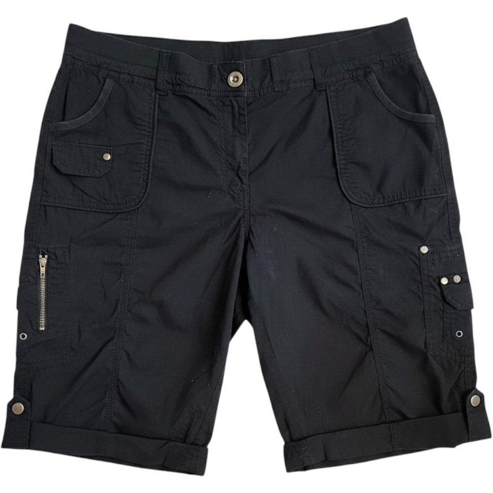 Chicos Womens Black Cargo Bermuda Shorts Size 3 Cotton Multi Pocket Cuffed